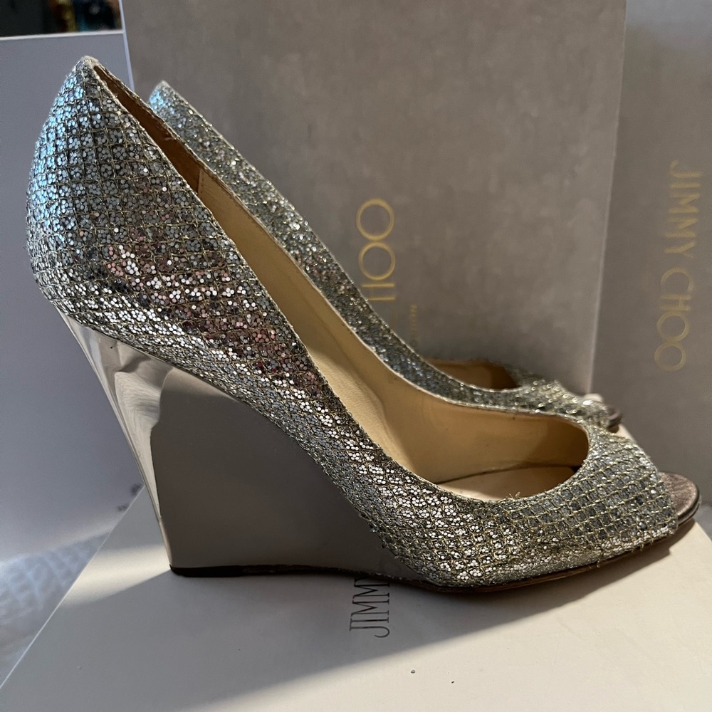 Gently Used Jimmy Choo Bello Glitter Wedge 37.5 Champagne